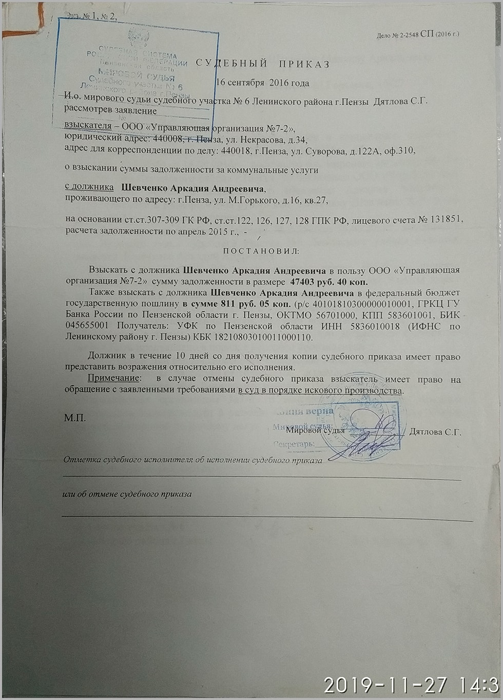 Судебный приказ мирового судьи Ленинского района города пензы Дятловой Светланы Генадьевны
