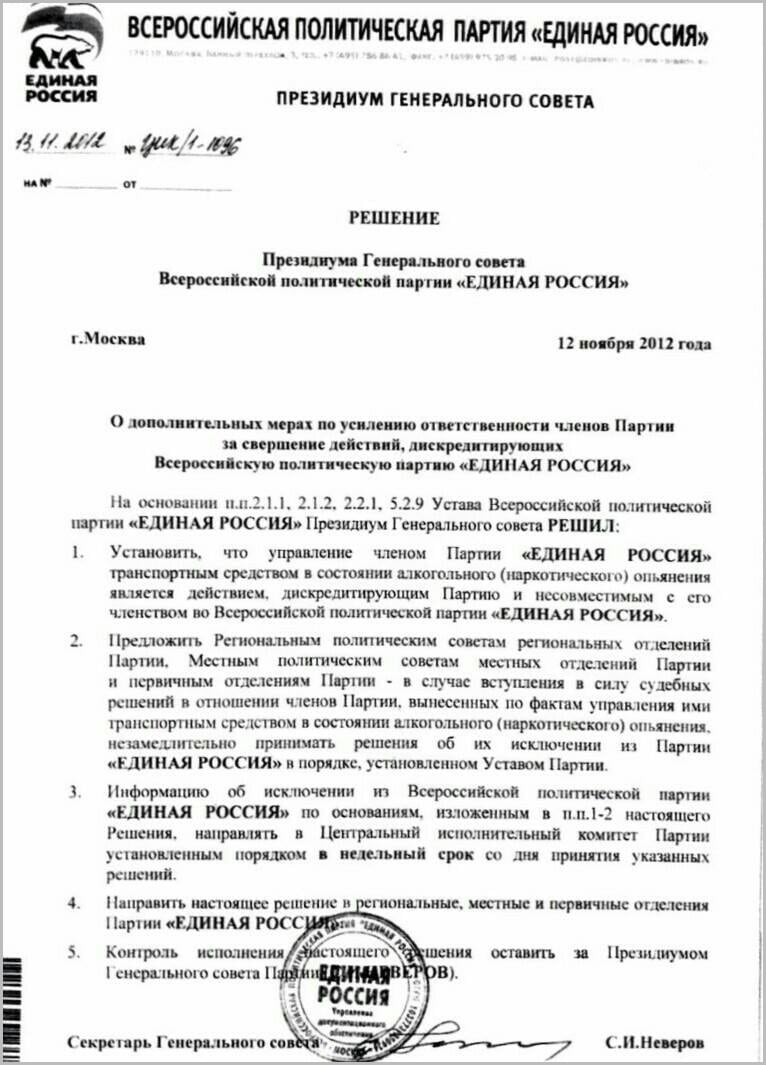 Решение президиума генерального совета партии Единая Россия